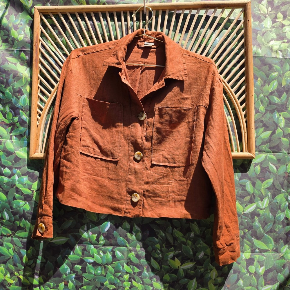 Magaschoni Women Rust Orange 100% Linen Cropped Button Up Utility Jacket Size M
